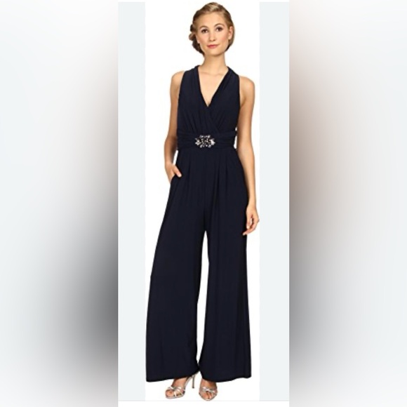Jessica Howard Navy Jumpsuit with Embellished Waist - Picture 1 of 9